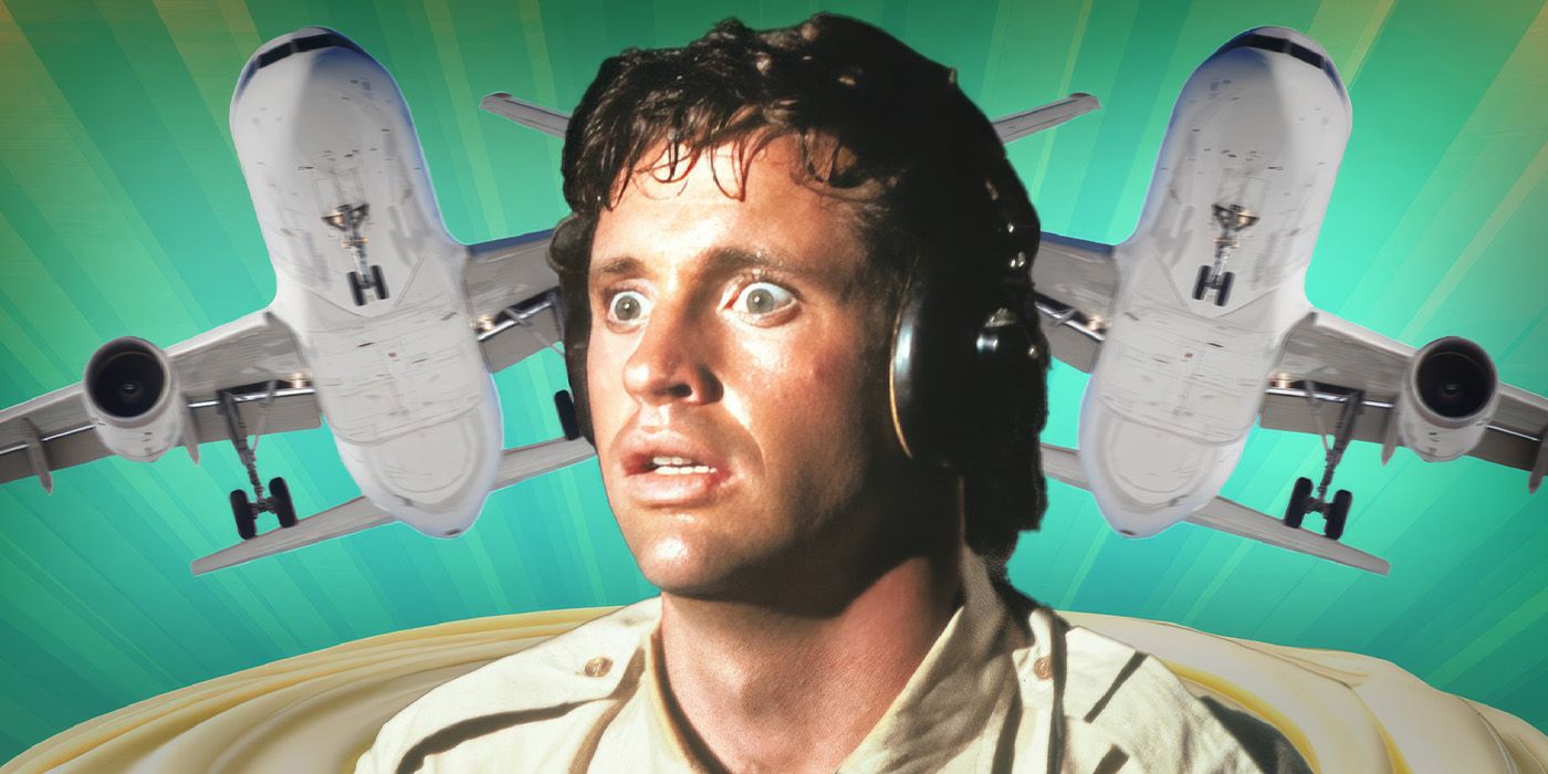 Robert Hays como Ted Striker en ¡Avión!, con dos aviones volando detrás de él