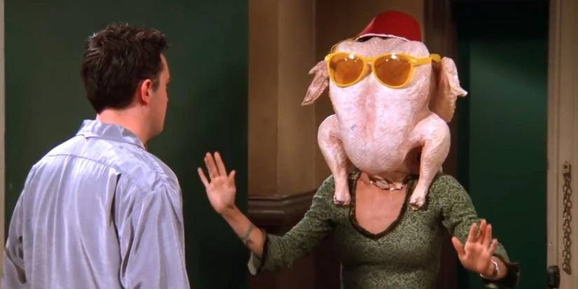 Monica has a turkey on her head at Chandler's front door in Friends.
