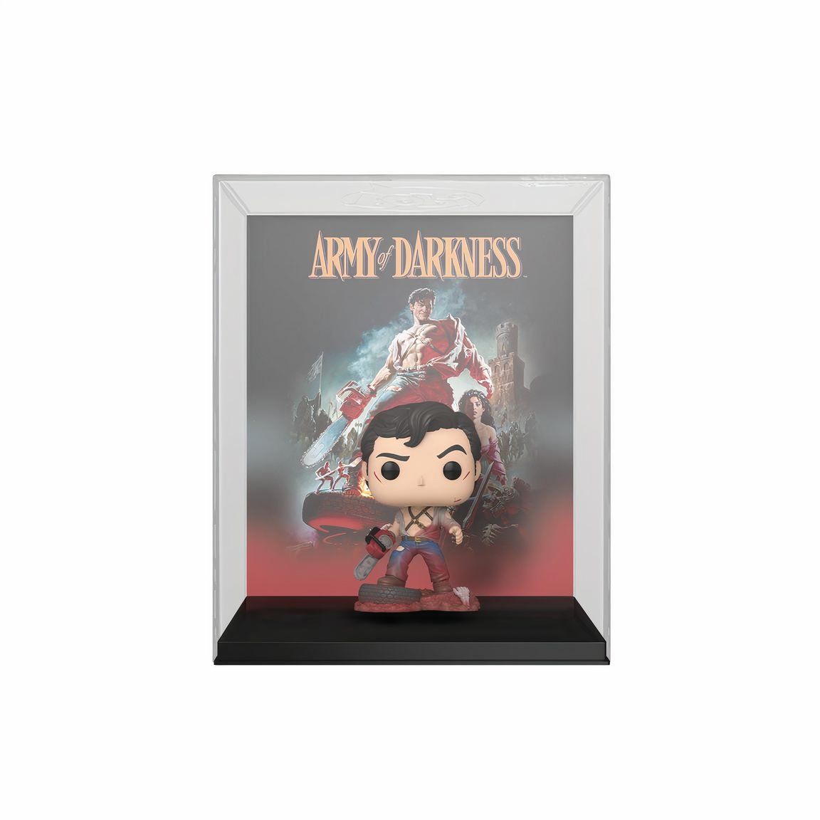 Como parte de la popular línea de portadas de DVD de Funko, el Pop exclusivo de GameStop representa una versión del póster clásico de Army of Darkness utilizado para el lanzamiento físico de la película. La escena muestra a Ash con la camisa rota y su famosa motosierra en mano, de pie sobre un neumático, mientras Dead Eye comienza a emerger del suelo. Sheila, interpretada por Embeth Davids, está detrás de Ash. Alojada en una caja de plástico duro, la figura presenta a Ash en la misma gran pose.