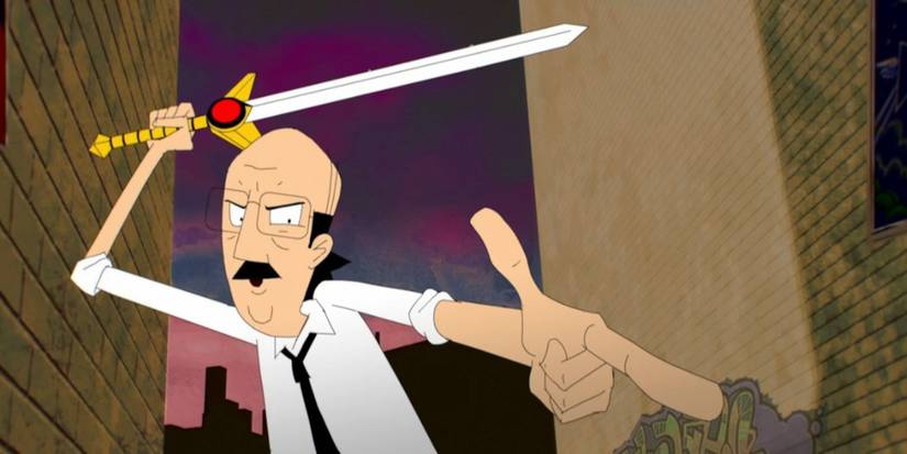 Gary holds a sword above his head and prepares to strike in Gary and His Demons.