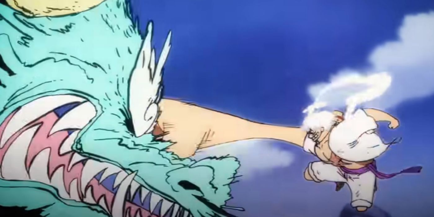 A buff white haired Luffy punches dragon Kaido cartoonishly in One Piece