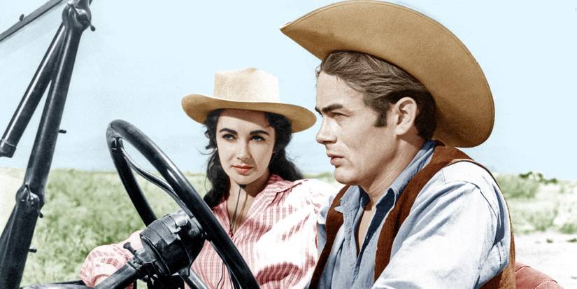 James Dean drives a truck with Elizabeth Taylor in the passenger seat in Giant (1956)