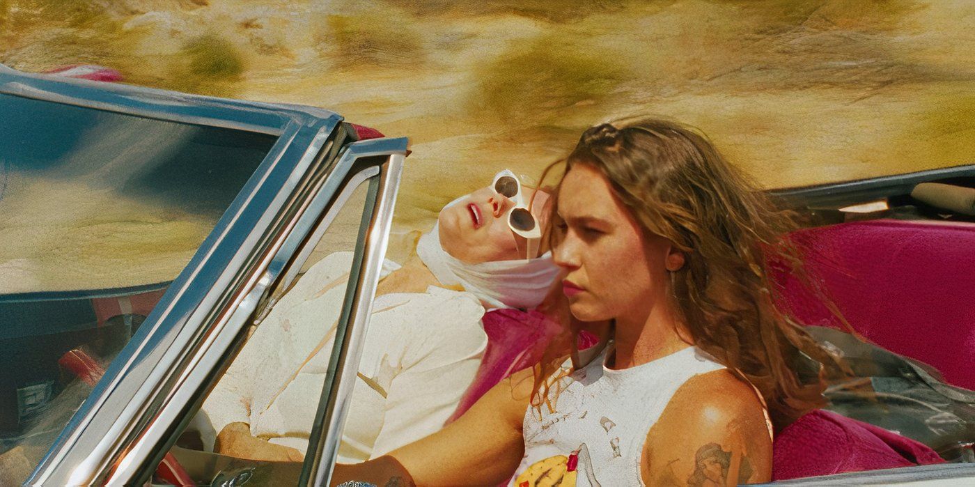 stacy haiduk in all white throws her head back onto the seat of the cadillac while sophia tatum drives