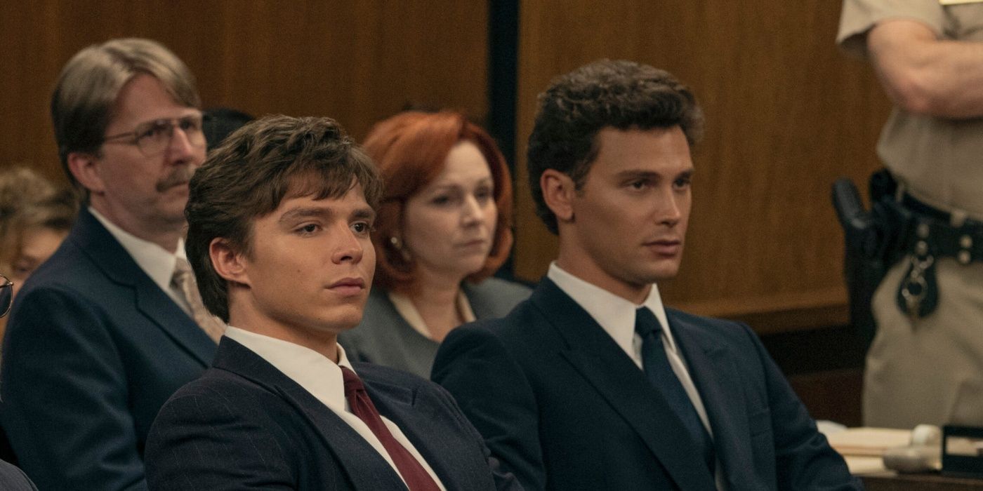 Cooper Koch and Nicholas Alexander Chavez in a courtroom in Monsters: The Lyle and Erik Menendez Story.
