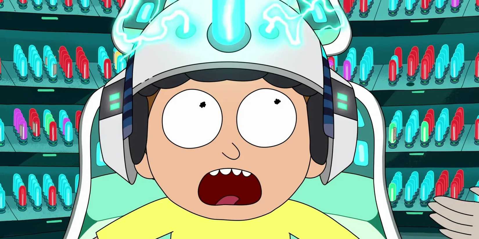 Morty wearing a helmet to experience forgotten memories in Rick and Morty episode Morty's Mind Blowers.