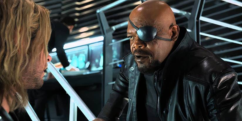 Samuel L. Jackson as Nick Fury talking to Thor in The Avengers.