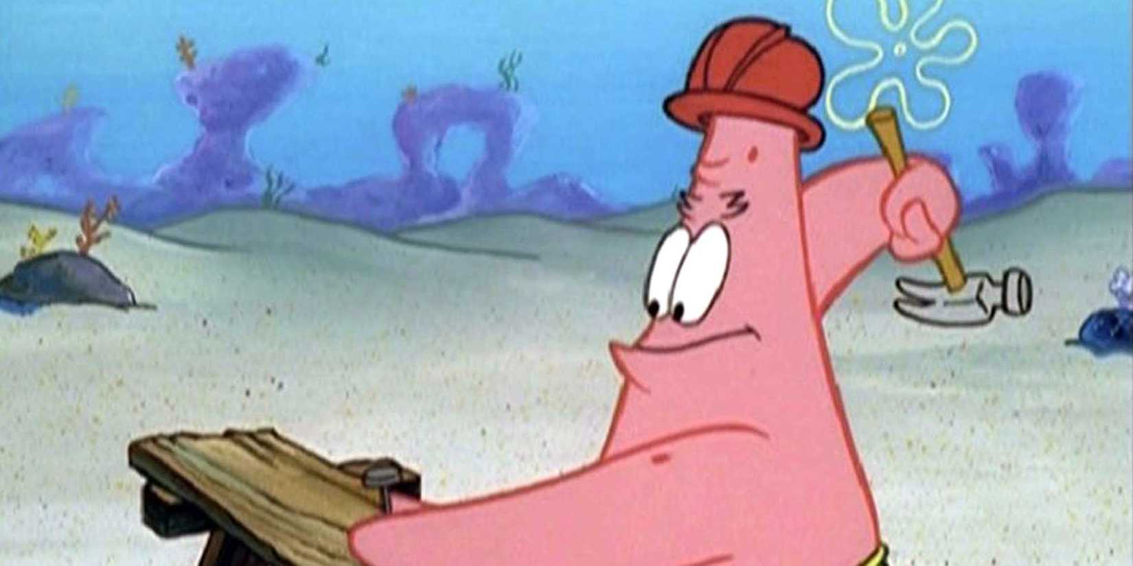 Patrick Star about to strike a nail with a hammer in Spongebob Squarepants.