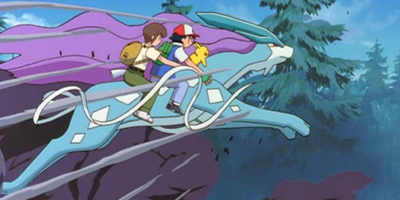 Ash, Pikachu, and Sam, riding on the back of Suicune
