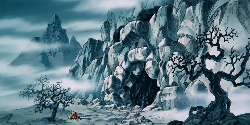 Pooh, Piglet, Tigger, Rabbit, and Eeyore stand before Skull