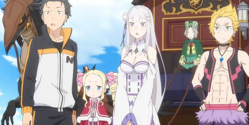 Subaru, Beatrice, Emilia, Otto, and Garfiel acting shocked in front of a carrige in Re:Zero.
