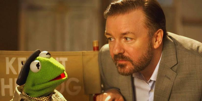 Ricky Gervais and Kermitt the frog in 'Muppets Most Wanted'.