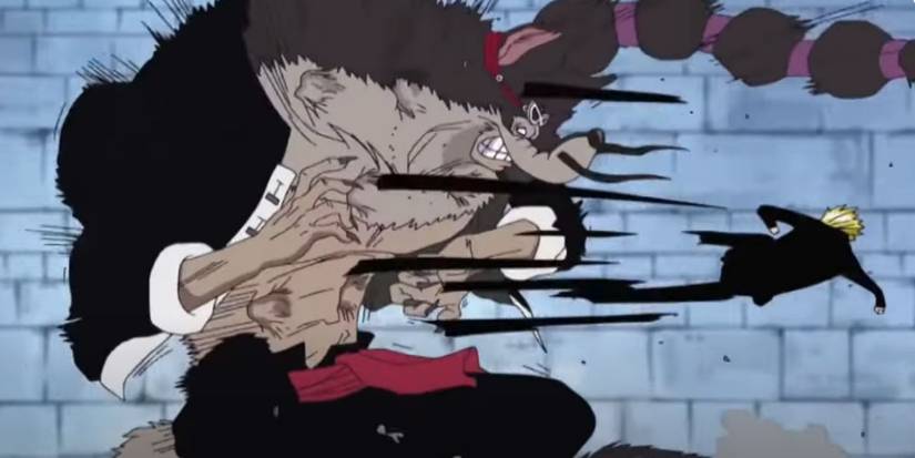 Sanji kicking Jabra's wolf form repeatedly in One Piece