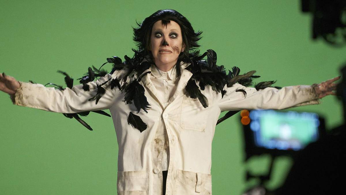 Catherine O'Hara as a crow in The Crowening in Schitts Creek.