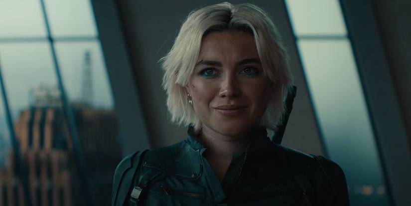 Florence Pugh as Yelena Belova smiling in Thunderbolts.