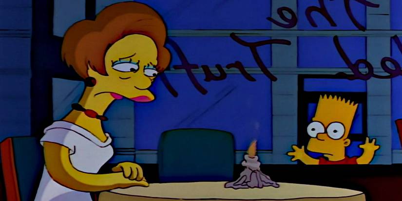 Edna Krabappel cries alone at a table while Bart watches in The Simpsons episode Bart the Lover.