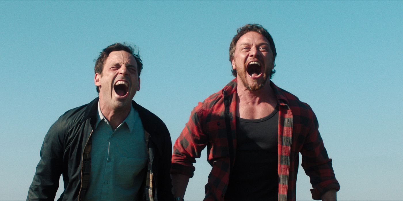 Scoot McNairy and James McAvoy screaming outside in Speak No Evil.