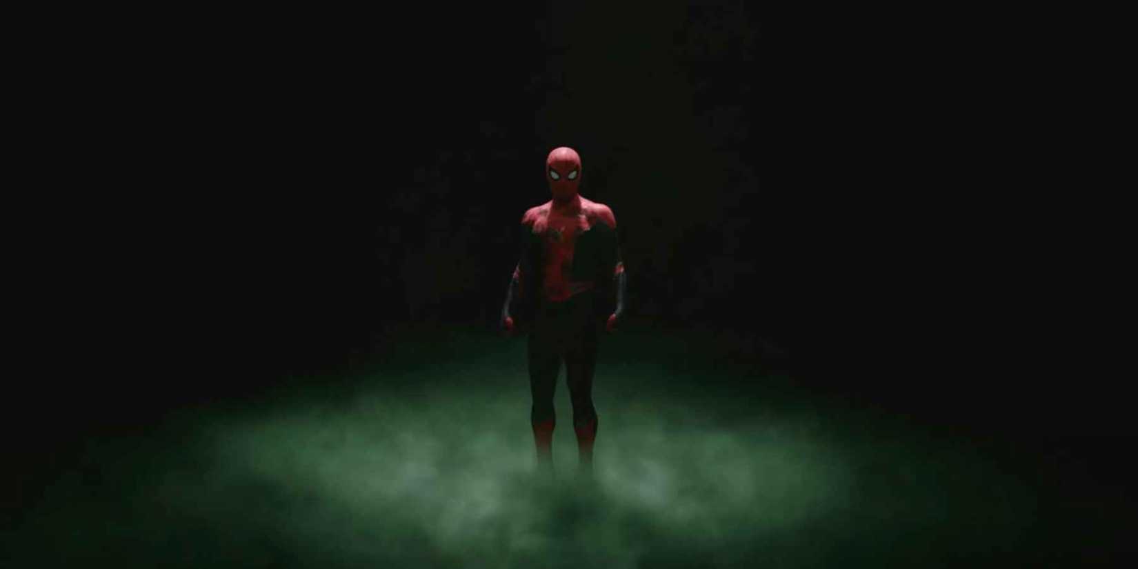 Spider-Man stands in Mysterio's void illusion amid green smoke in 'Spider-Man: Far From Home'.