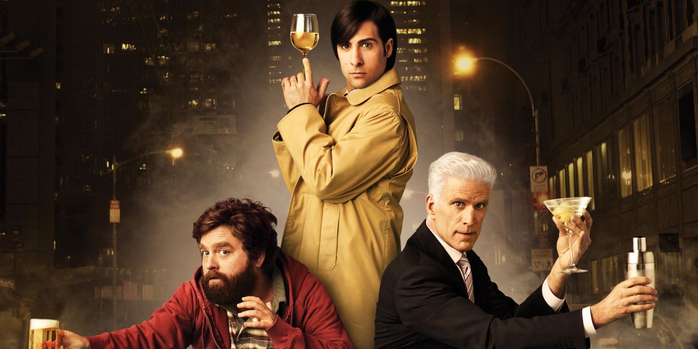 ted Danson, Zach Galifianakis and Jason Schwartzman holding alcoholic glasses for a Bored to Death promotional photo