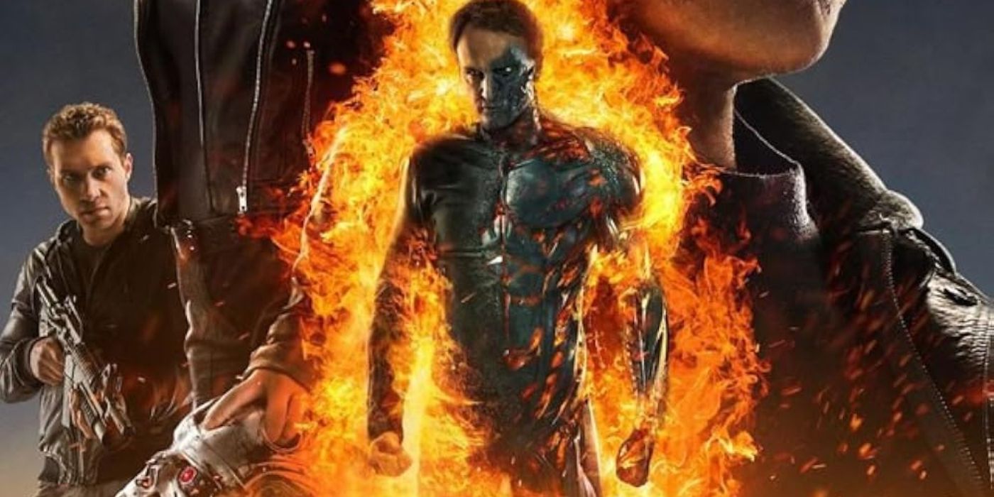 A poster for Terminator Genisys shows a man in a fire, burning, revealing he is made of metal.