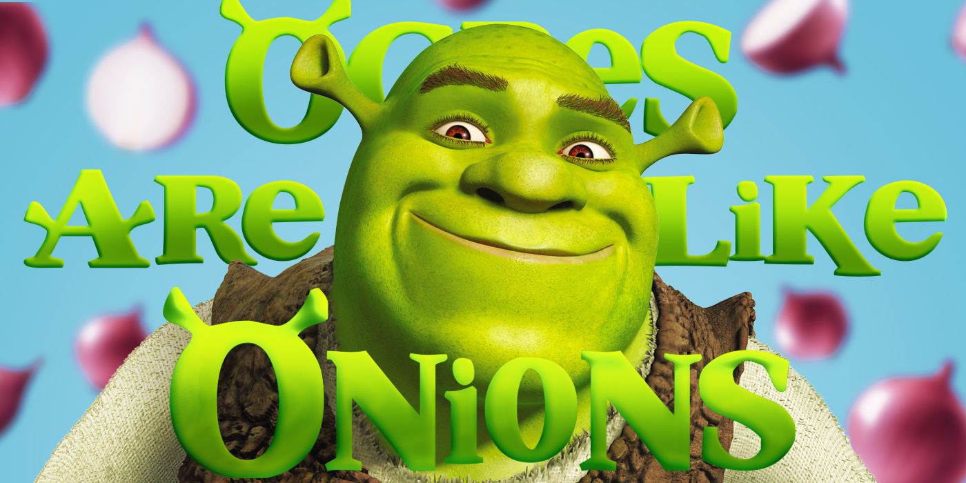 Blended image showing Shrek smiling with a quote in green letters and blurred onions in the background.