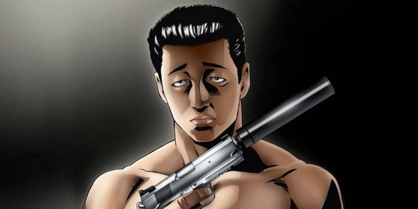 Akira Satou shirtless holding a pistol in the poster for The Fable.