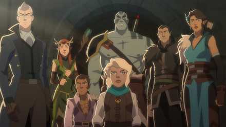The Vox Machina crew standing together with their weapons.