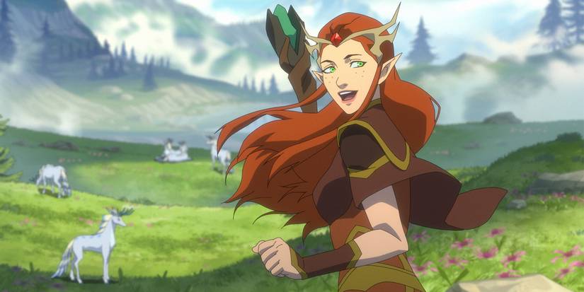Keyleth (Marisha Ray) smiling in a green field of wild creatures in The Legend of Vox Machina.