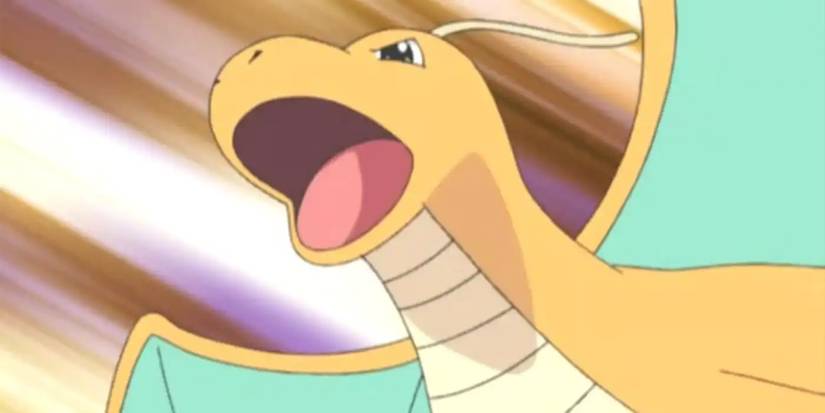 Dragonite flying after being released from its Pokéball