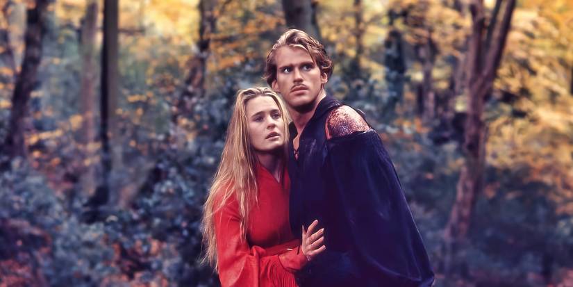 A wounded Wesley (Carey Elwes) protects Buttercup (Robin Wright) with a sword in the forest in The Princess Bride
