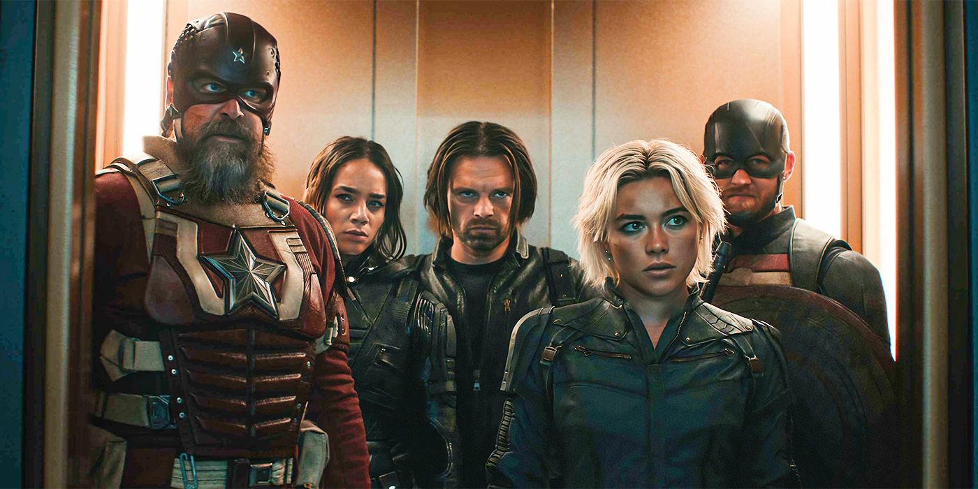 David Harbour as Red Guardian, Hannah John-Kamen as Ghost, Sebastian Stan as Bucky Barnes, Florence Pugh as Yelena, and Wyatt Russell as John Walker in an elevator in Thunderbolts