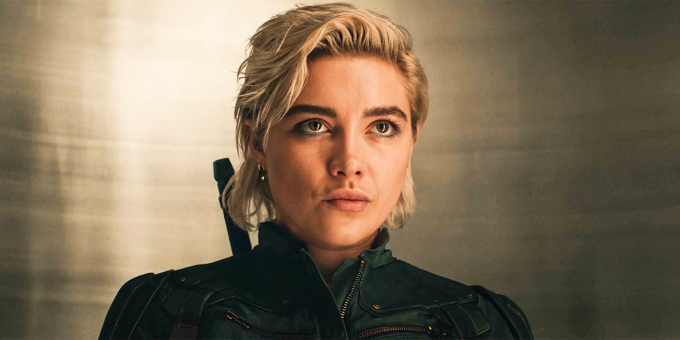Florence Pugh as Yelena Belova looking serious in Thunderbolts. 