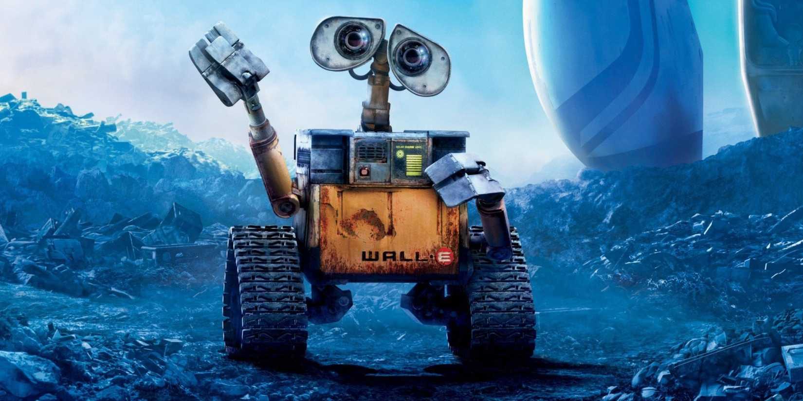 WALL·E, a friendly looking robot, waving on a futuristic and garbage filled earth on a poster for the movie.