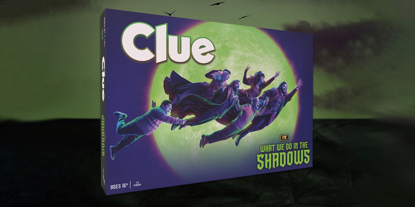 beauty shot of the What We Do In the Shadows-themed Clue boardgame
