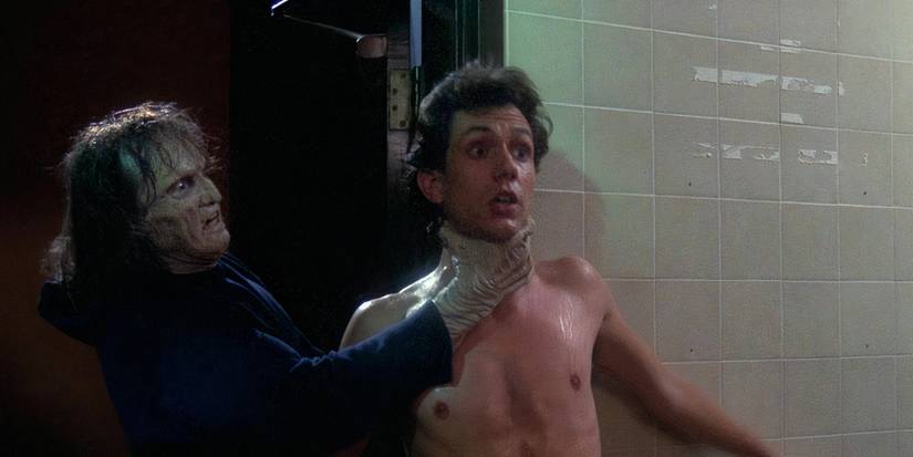 Jon Mikl Thor chokes Hamish McEwan in the 1987 horror film Zombie Nightmare.