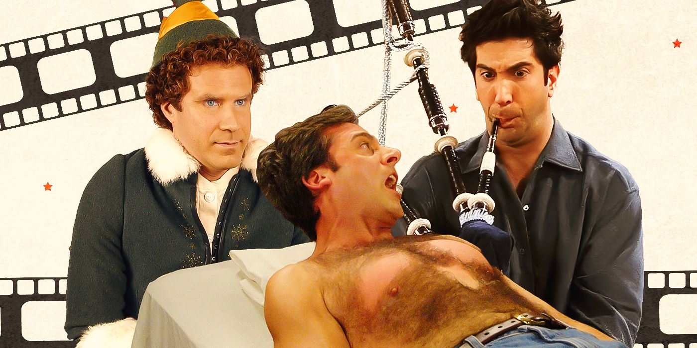 Will Ferrell as Buddy in Elf, Steve Carell as Andy in The Forty-Year-Old Virgin, and David Schwimmer as Ross Geller in Friends
