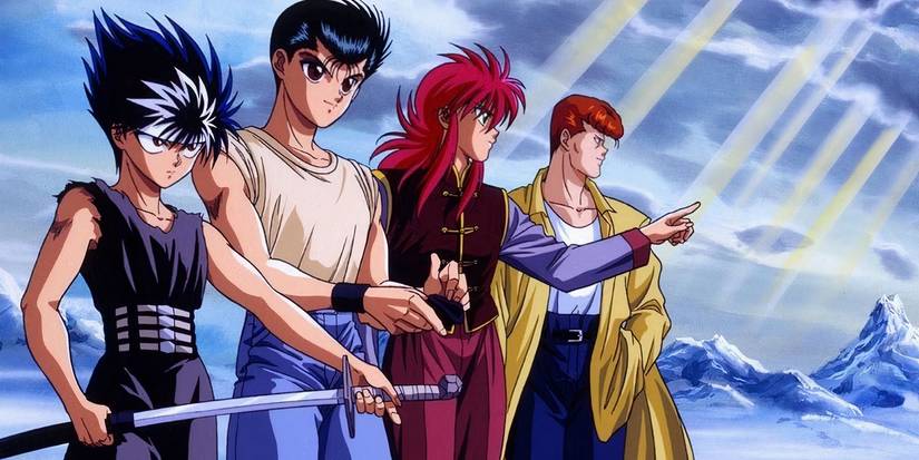 A still from the anime Yu Yu Hakusho with the characters looking to the distance and one holding a sword.