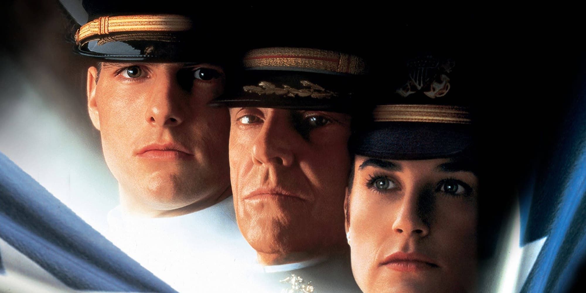 Tom Cruise, Jack Nicholson, Demi Moore in military uniform in a poster for A Few Good Men