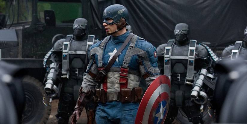 Captain America surrounded by HYDRA soldiers in 'Captain America: The First Avenger.'