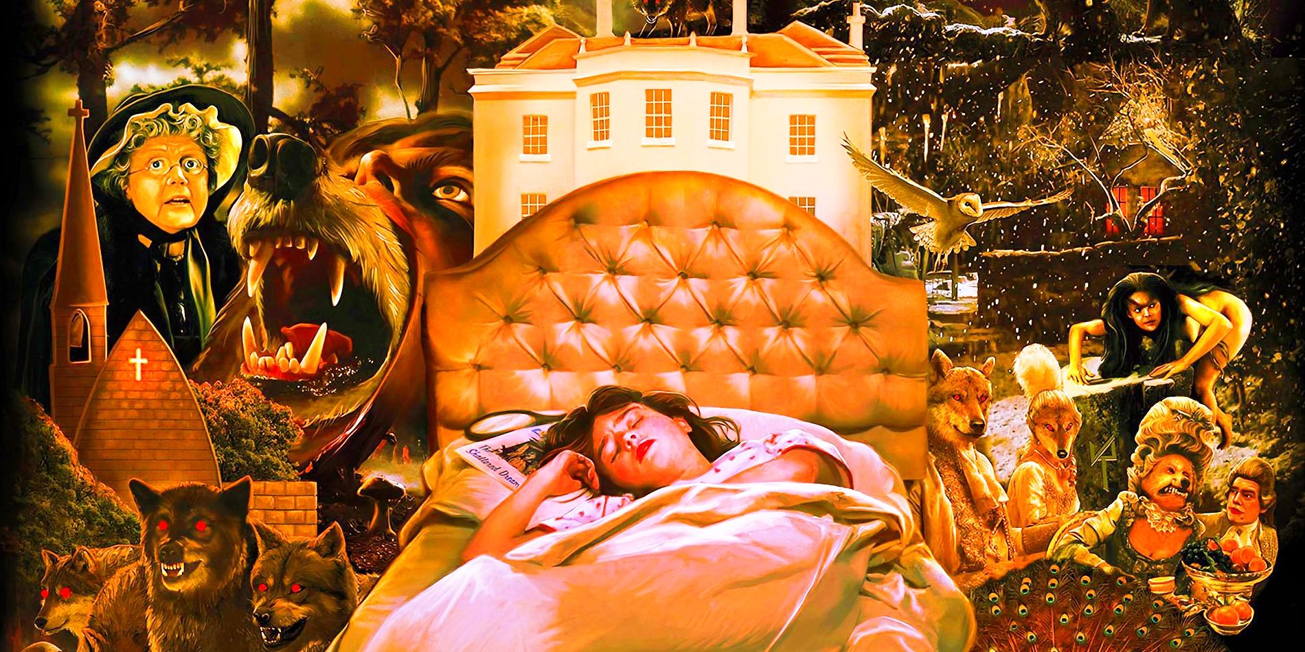 A painted illustration of a young girl asleep in a bed and surrounded by a collage of fantasy figures.