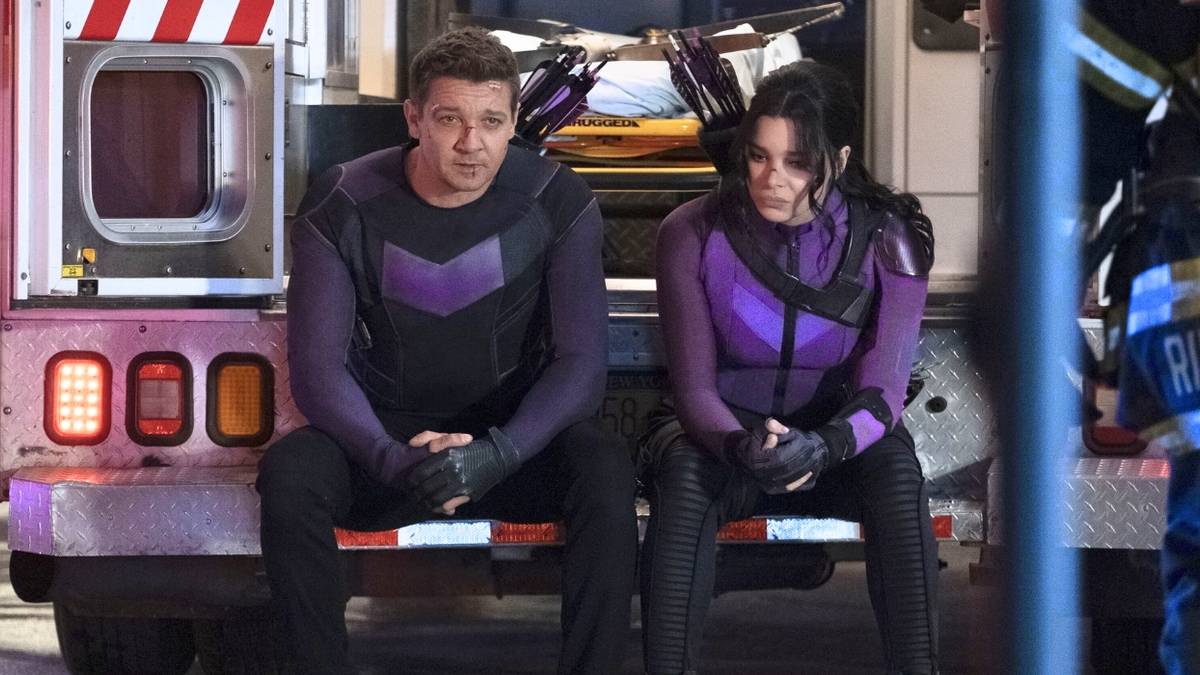 Jeremy Renner as Clint Barton/Hawkeye and Hailee Steinfeld as Kate Bishop 