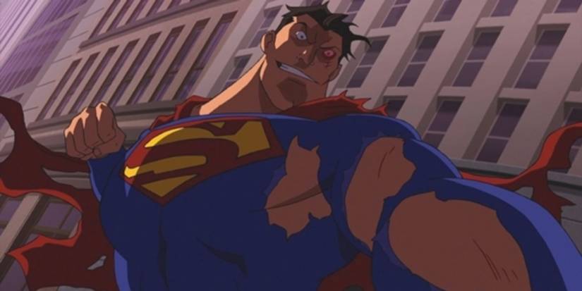 Bloodied Superman with crazy eyes punching in Superman vs. The Elite