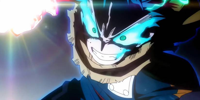 Close-up of Deku grimacing while powered up in My Hero Academia