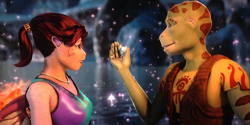 A lizard humanoid offering a gem to a cat humanoid in Delgo