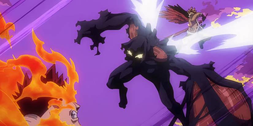 Endeavor looking up at Hood approaching with Hawks behind him in My Hero Academia