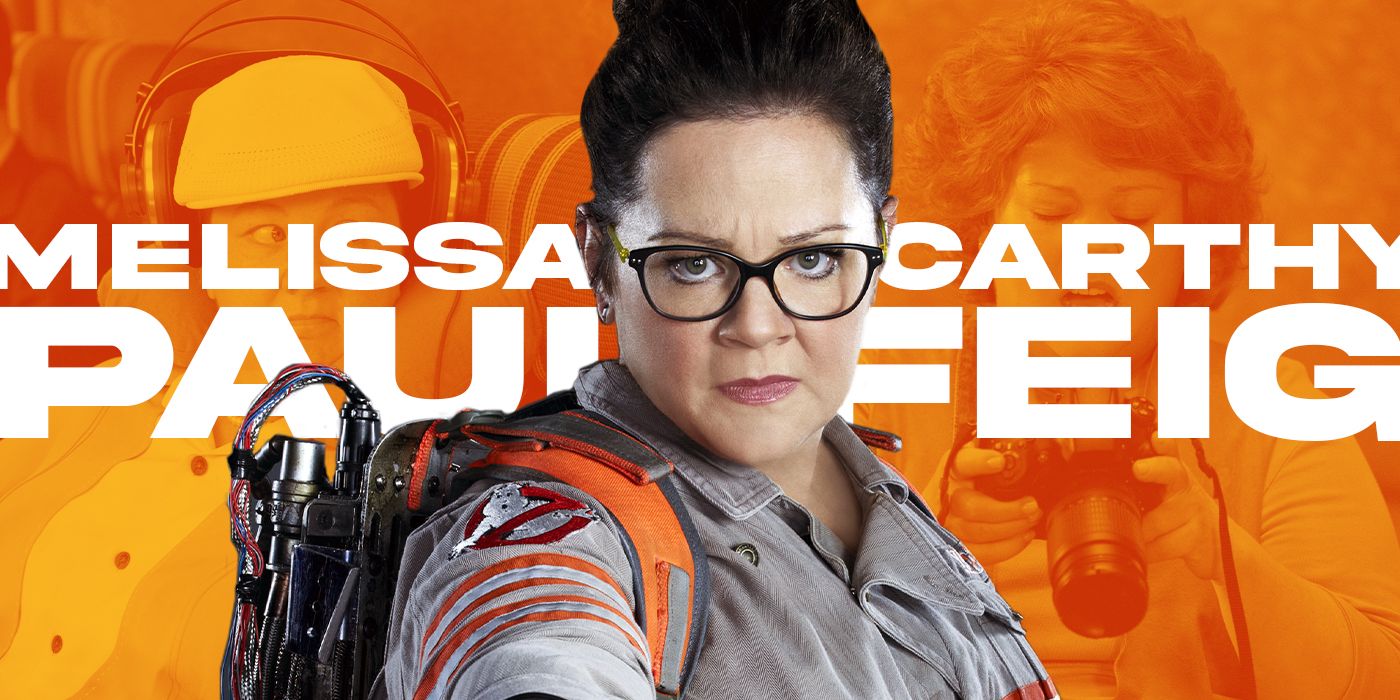 Blended image showing Melissa McCarthy in three movies with her name and Pul Feig's on the background