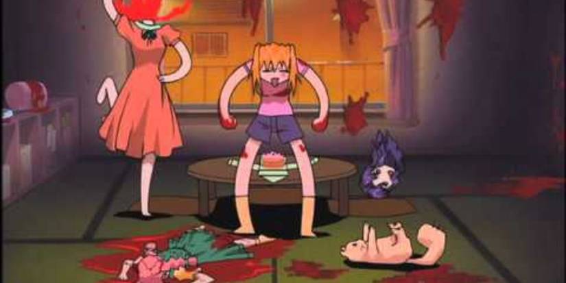 Excel berdiri di atas seorang gadis mati dan anjing di ruangan berdarah di excel saga