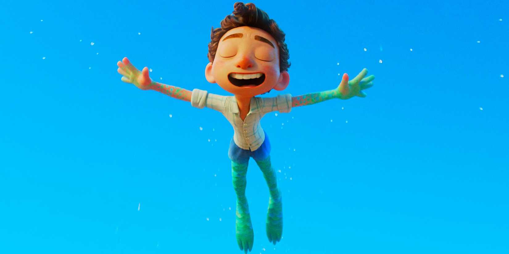 Luca jumps through the air in mid-transformation in Pixar's Luca