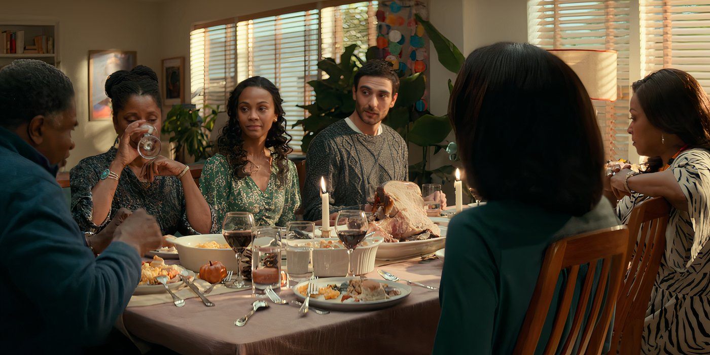 Amy (Zoe Saldaña) and Lino (Eugenio Mastrandrea) share Thanksgiving with Amy's family in 'From Scratch'.