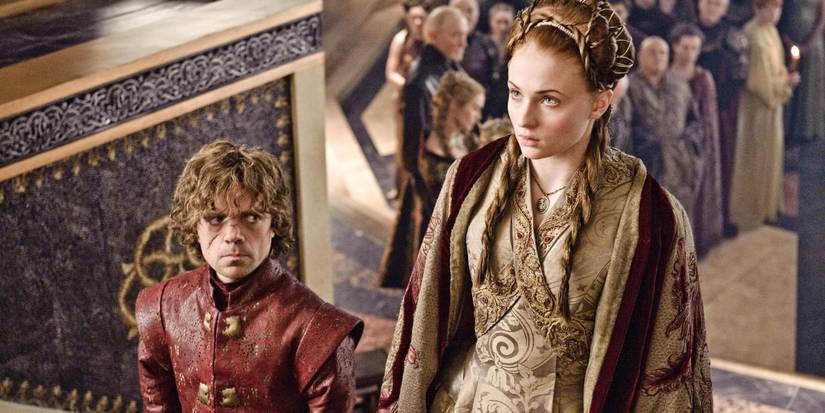Tyrion Lannister and Sansa Stark stand next to each other in a wedding ritual in Game of Thrones Second Sons.