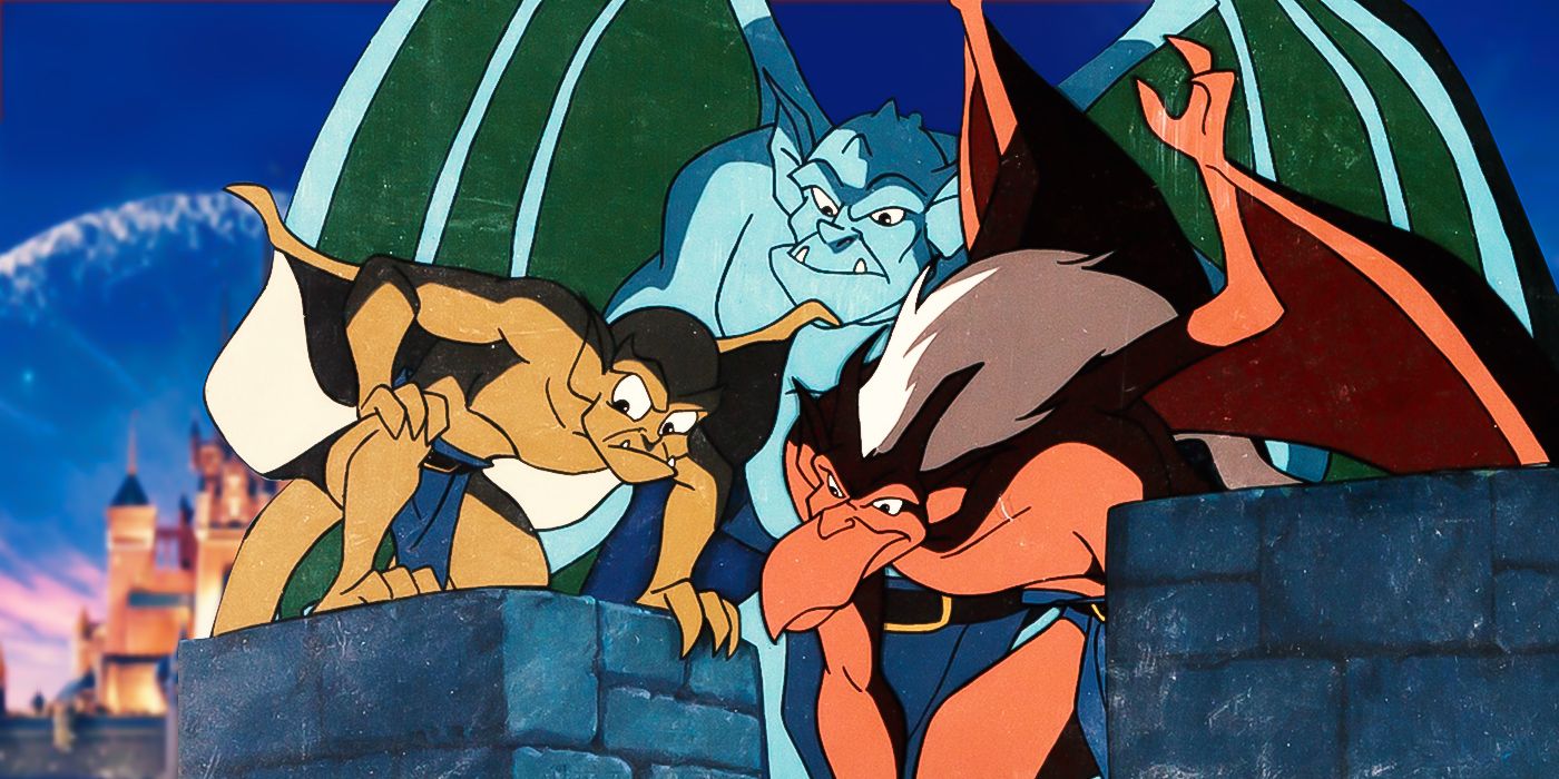 Gargoyles standing around a stone wall with a Disney logo behind them